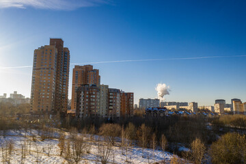 panoramic view of cityscape from drone on frosty sunny day