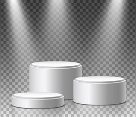 Museum exposition, blank product round stands. Three 3d realistic vector round podiums with spot lights and transparent background.