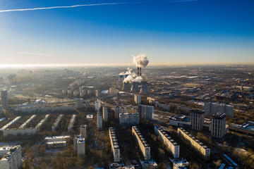 panoramic view of cityscape from drone on frosty sunny day