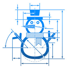 Christmas snowman symbol with dimension lines. Element of blueprint drawing in shape of winter snowperson. Vector image for winter holiday, new years day, christmas, decoration, snow sculpture, etc