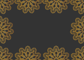 Vector frame pattern of golden mandalas on dark gray background