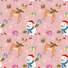 Cute snow man with gift and deer seamless pattern.