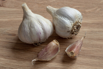 Whole garlic on the wooden background.