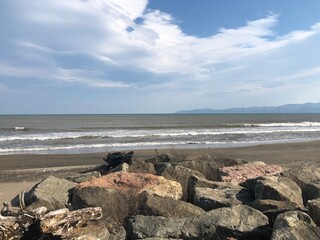The color of the sea water has become the color of mud with the black sea region, seaside, harsh sea and rain. Seaside settlement.