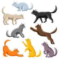 Set of stylized cats in various poses.