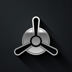 Silver Plane propeller icon isolated on black background. Vintage aircraft propeller. Long shadow style. Vector.
