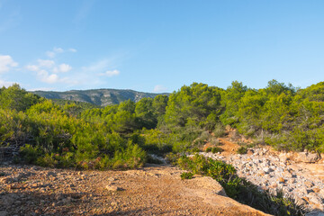Fototapeta na wymiar Serra d'Irta, Alcossebre, Costa del Azahar, Spain. Beautiful protected natural park, contrasted by mountains, seashore and forest. Located between Alcossebre and Peniscola, near the Mediterranean sea.