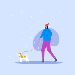 Cute woman walking with dog on leash in the winter park. Outdoor activity concept. Vector illustration. Adorable girl with scarf and her pets isolated on white background.