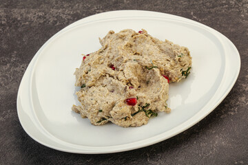 Vagan dietary cusine - mutabal with granet seeds