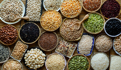 Variety kinds of natural cereal and grain seeds in dark brown tone, for healthy food ingredient or agricultural product concept