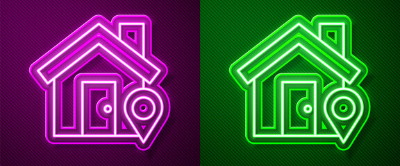 Glowing neon line Map pointer with house icon isolated on purple and green background. Home location marker symbol. Vector Illustration.