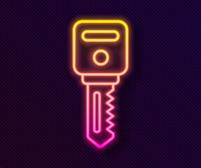Glowing neon line House key icon isolated on black background. Vector Illustration.