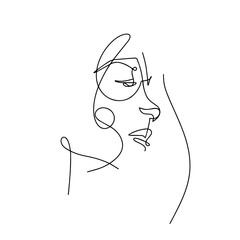 Girl profile silhouette in glasses and with long hair. Female face. Fashion, cosmetology, natural beauty, jewelry, accessories. Abstract minimalistic sketch in black continuous lines.  - 397614114