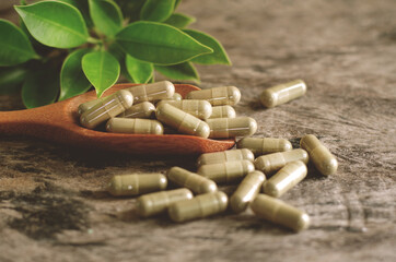 Closed up extract herbal capsule in wooden spoon and grunge background in dark brown tone