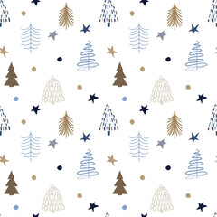 Christmas Seamless Pattern with funny trees, stars and snowflakes. Holiday cute background in muted colors is perfect for scrapbooking, greeting cards, wrapping paper