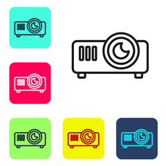 Black line Presentation, movie, film, media projector icon isolated on white background. Set icons in color square buttons. Vector Illustration.