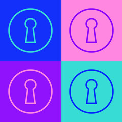 Pop art line Keyhole icon isolated on color background. Key of success solution. Keyhole express the concept of riddle, secret, security. Vector Illustration.