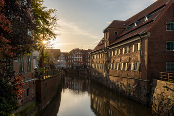 Fototapeta na wymiar Stade, Germany - October 18, 2020: View of the old harbour during sunset