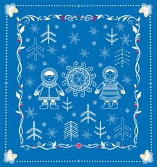 Funny childish decorative greeting for winter holidays with Eskimo child boy and girl, snowflakes, fir trees and sun © Eva105