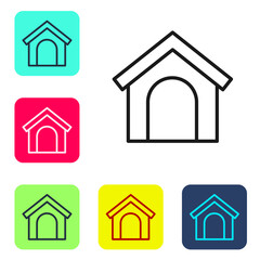 Black line Dog house icon isolated on white background. Dog kennel. Set icons in color square buttons. Vector.