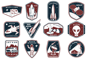 Set of space mission logo, badge, patch. Vector. Concept for shirt, print, stamp. Vintage typography design with space rocket, alien, mars city, camper van on the moon and earth silhouette © sivvector