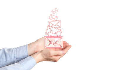 Businessman holding a virtual envelope concept for e-mail, global communications. Mail letter icons on hands , business concept. White background