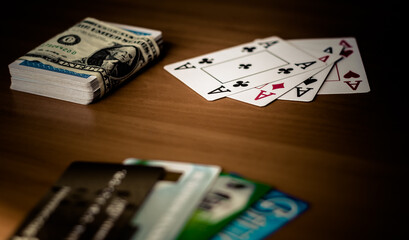 Playing cards are laid out on the table, pictures up and pictures down
