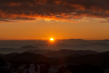 Sunset over the clouds in the mountains, Sommeralm, Austria