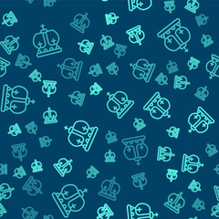 Green line British crown icon isolated seamless pattern on blue background. Vector.