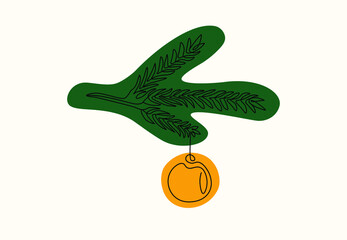 Single line drawing of christmas tree branch with ball. Holiday decoration silhouette for print, card and banner, New year concept. Vintage minimal vector illustration