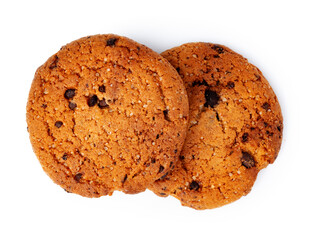 Two chocolate chip cookies isolated on white background