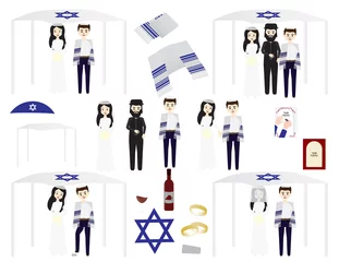 Foto op Plexiglas set of Jewish wedding illustrations - Jewish bride, groom and rabbi, tallit, wine and rings © Sigdesign