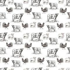 Farm animals cow, sheep, chicken, milk cans. Graphic hand-drawn illustration. Engraving, sketch, doodle style. Agriculture, village, harvest. print, textiles.Seamless pattern.