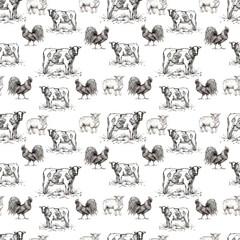 Farm animals cow, sheep, chicken, milk cans. Graphic hand-drawn illustration. Engraving, sketch, doodle style. Agriculture, village, harvest. print, textiles.Seamless pattern.

