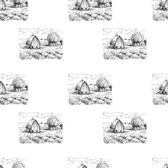Farm, houses, buildings. Seamless pattern. Graphic hand-drawn illustration. Engraving, sketch, doodle style. Agriculture, village, harvest. print, textiles.
