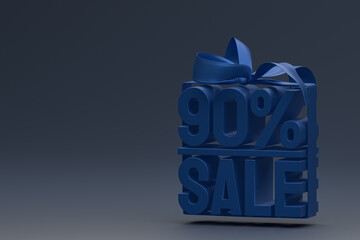 90% sale in box with ribbon and bow on blue background