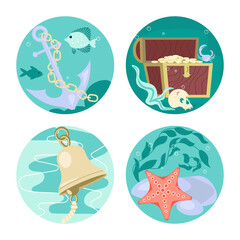 Social Media Story highlight icon set in sea stile. Underwater scene with boat anchor and golden treasure chest. Flat Art Vector illustration
