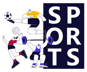 Colorful sports banner with athletes. Football, Basketball and weightlifting isolated in modern outline minimalism design. Flat Art Vector Illustration