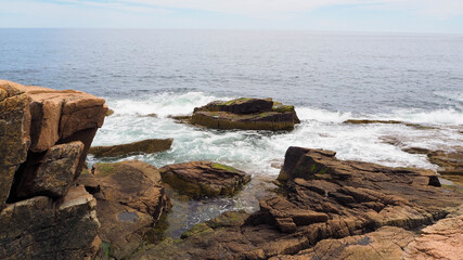 view of Maine sea waves and fantastic rock at Maine, United States