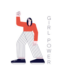 Confident strong caucasian woman raised her hand with fist. We Can Do and girl power. Vector Illustration isolated on white