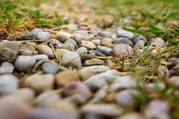 pile of rocks pebbles in green meadow