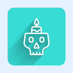 White line Burning candle on a skull icon isolated with long shadow. Day of dead. Green square button. Vector.