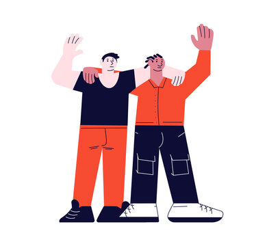 Two Mean Friends Standing And Waving With His Hands. Say Hello And Greeting. Vector Illustration Isolated On White