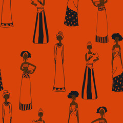 Seamless vector pattern with women on orange background. Beautiful African people wallpaper design. Simple human silhouette fashion textile.