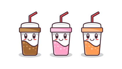 Set of cute beverage cup character cartoon illustration flat design