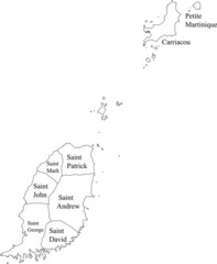 White vector map of Grenada with black borders and names of it's parishes
