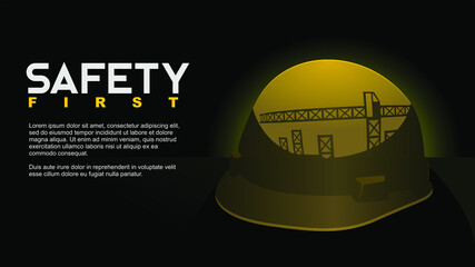safety first. safety. hard hats reflected with rigs building. vector illustration