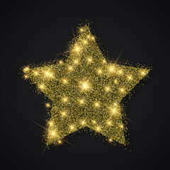 Gold shiny glitter glowing star on dark background. Vector illustration.