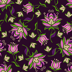 Seamless vector pattern with pink flowers on purple background. Beautiful embroidery floral wallpaper design. Romantic decorative fashion textile.