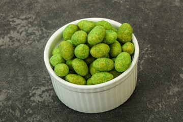 Spicy wasabi peanuts in the bowl